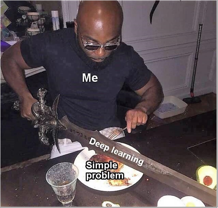 <그림-9>  너무 길고 큰 칼로 고기를 써는 남자의 모습, 출처 : https://twitter.com/dev_humor/status/1081973719801712640/