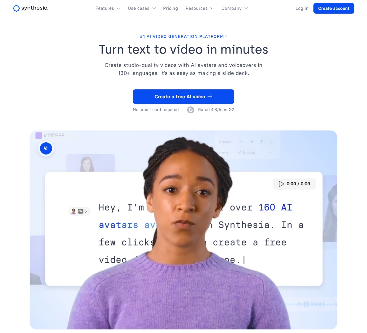 Synthesia 웹 서비스 UI. 이미지 출처 : https://www.synthesia.io/