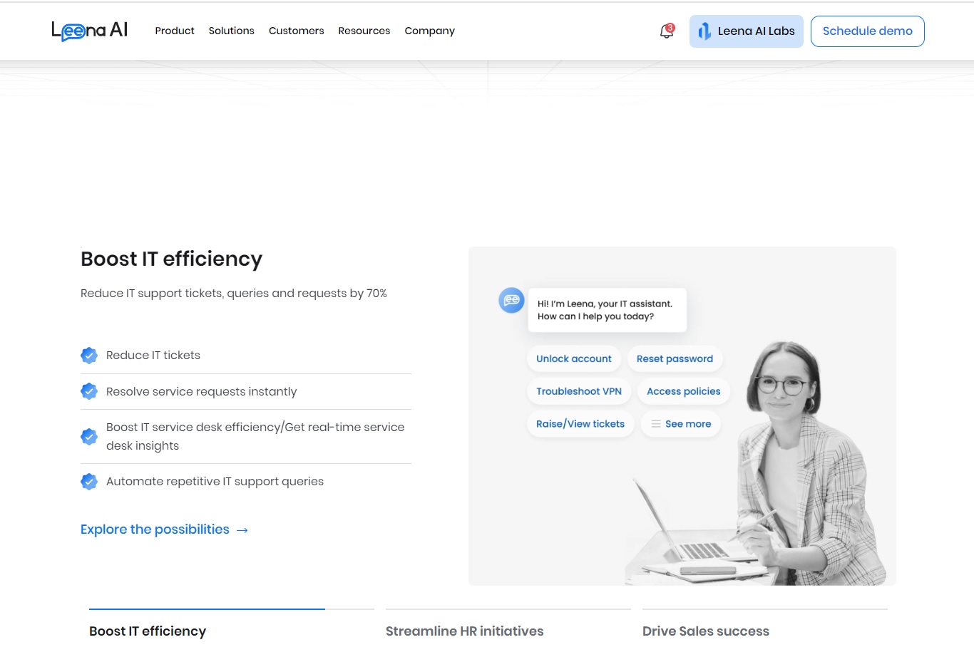 Leena AI 웹사이트 UI. 이미지 출처 : https://leena.ai/
