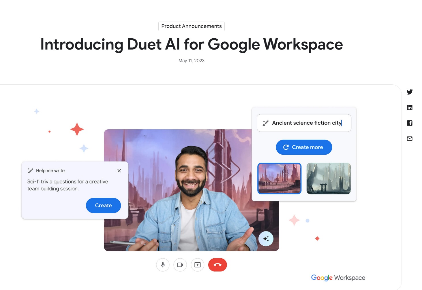 Duet AI for Google Workspace 웹사이트 UI. 이미지 출처 : https://workspace.google.com/blog/product-announcements/duet-ai?hl=en