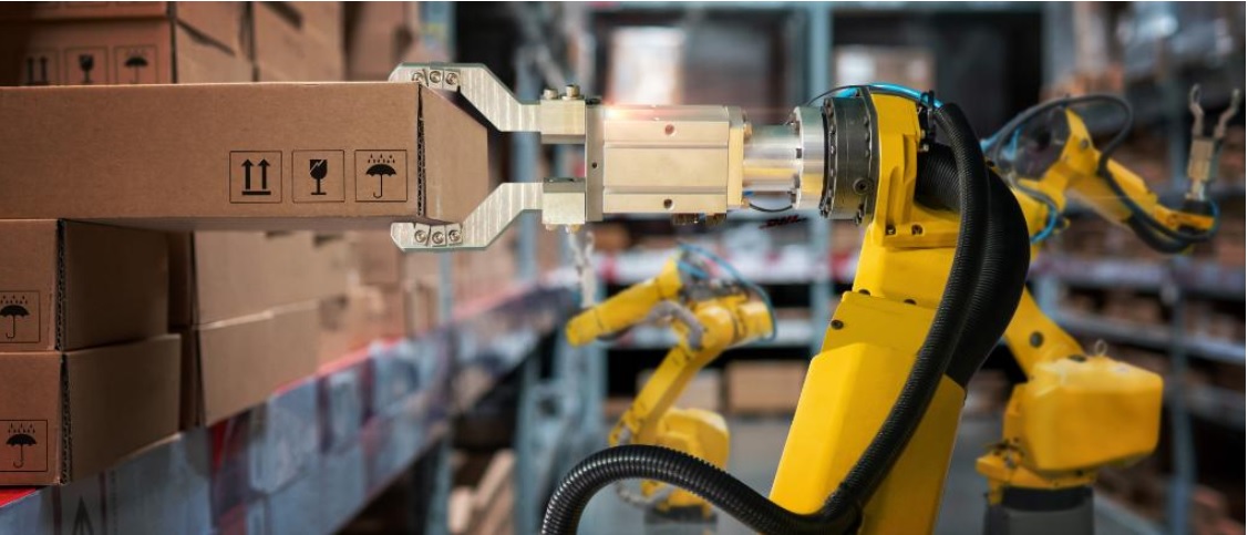 물류 창고 자동화에 쓰이는 한팔 로봇, 이미지 출처 : https://www.dhl.com/global-en/delivered/innovation/warehouse-robotics-and-automation.html