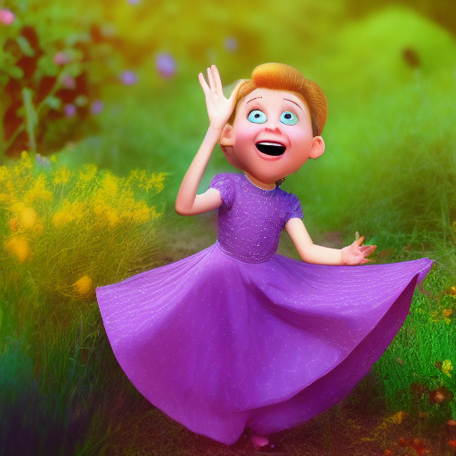 스테이블 디퓨전으로 생성한 "a blond haired cute princess wearing purple dress waving hands in the flowery garden, realistic, pixar"