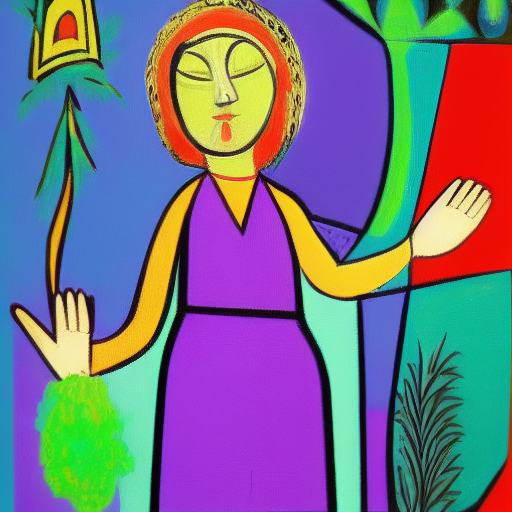 스테이블 디퓨전으로 생성한 "a blond haired cute princess wearing purple dress waving hands in the flowery garden, realistic, picasso"